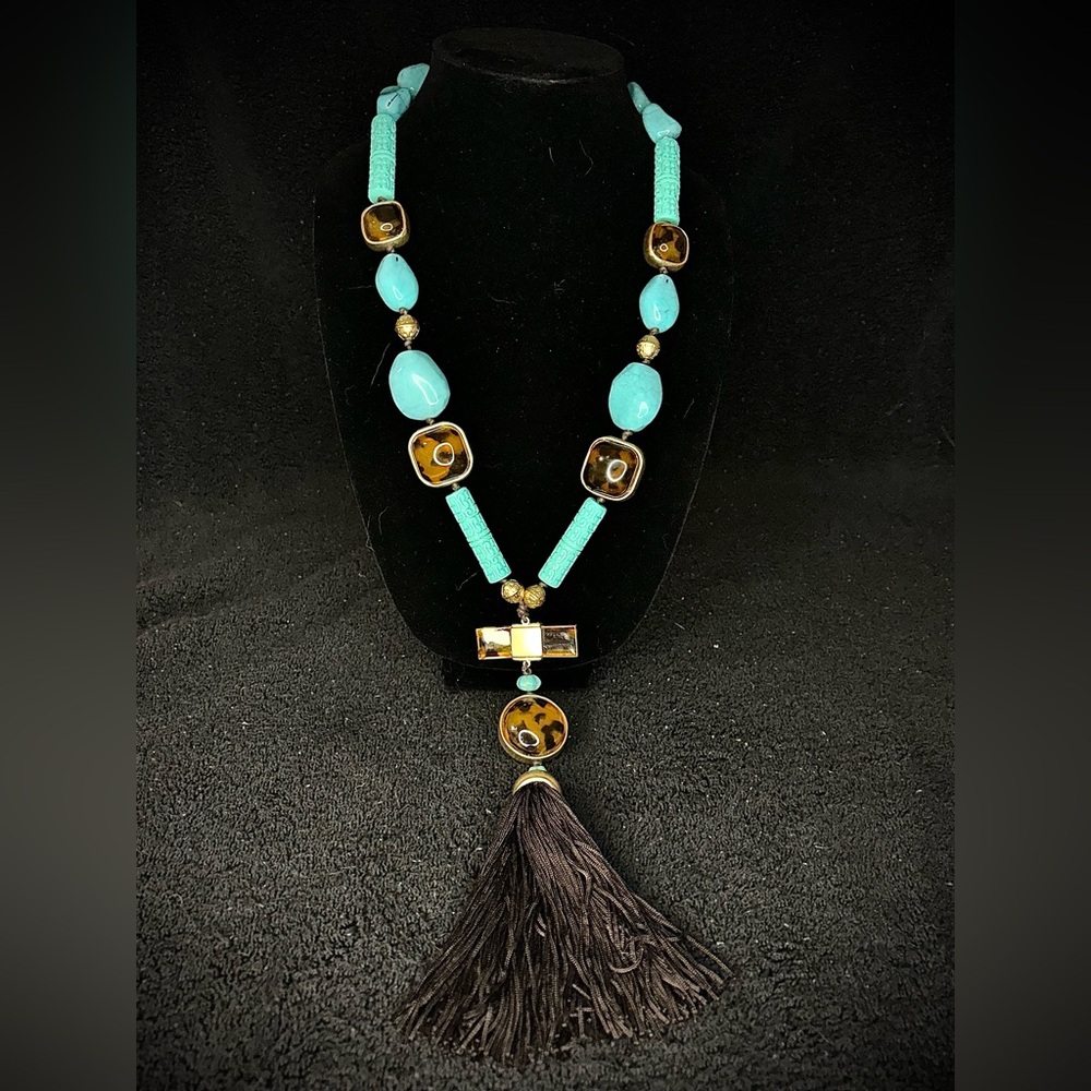 Chico’s Long Statement Necklace Turquoise Beads & Tassel Boho Style item#0029
